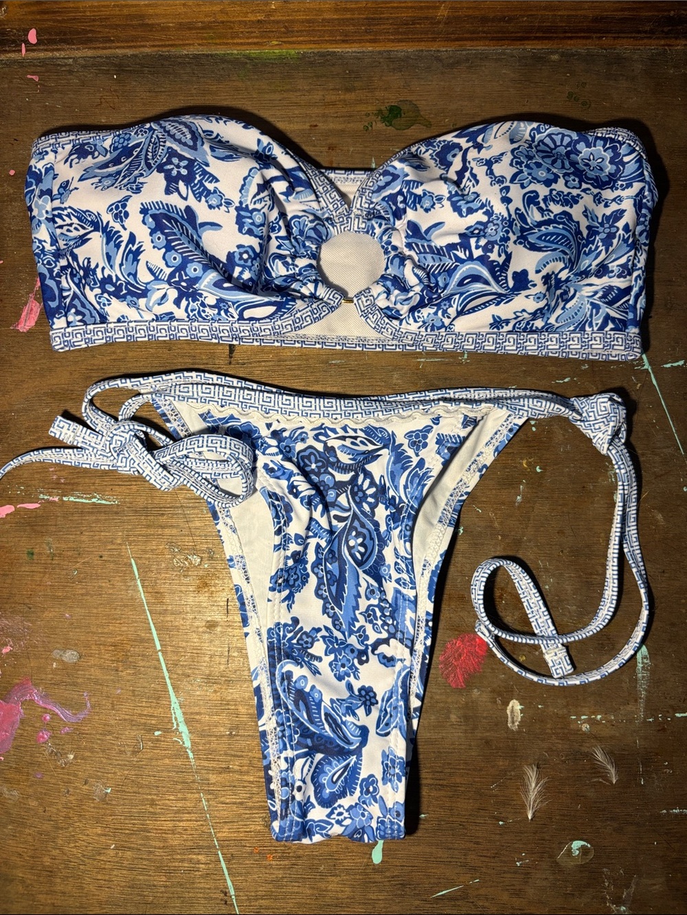 Blue and White Paisley Bandeau Bikini Set